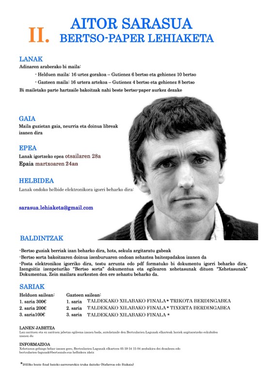 Aitor Sarasua bertsopaper lehiaketa sorta irabazleak Aitor Sarasua bertsopaper lehiaketa sorta irabazleak